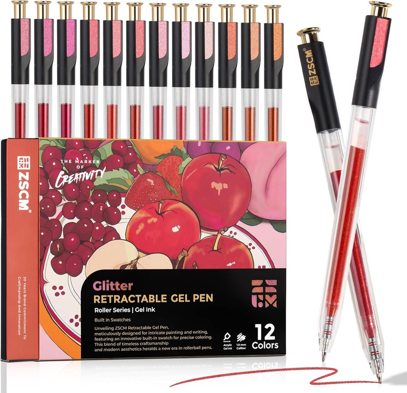 ZSCM Retractable Glitter Gel Pens, 12 Colors Large Capacity Red Pink Glitter Metallic Gel Ink Pens, 1 mm Fine Point Smooth Writing Color Pens for Adult Coloring Book Note Taking Aesthetic Art Supplies - Image 1